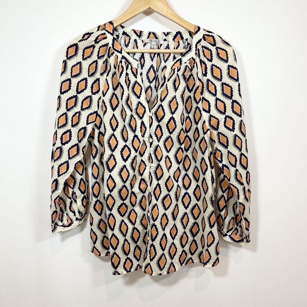 Womens Nic and Zoe Medium Geometric Top Blouse 100% Cotton Ethically Made - Picture 1 of 12